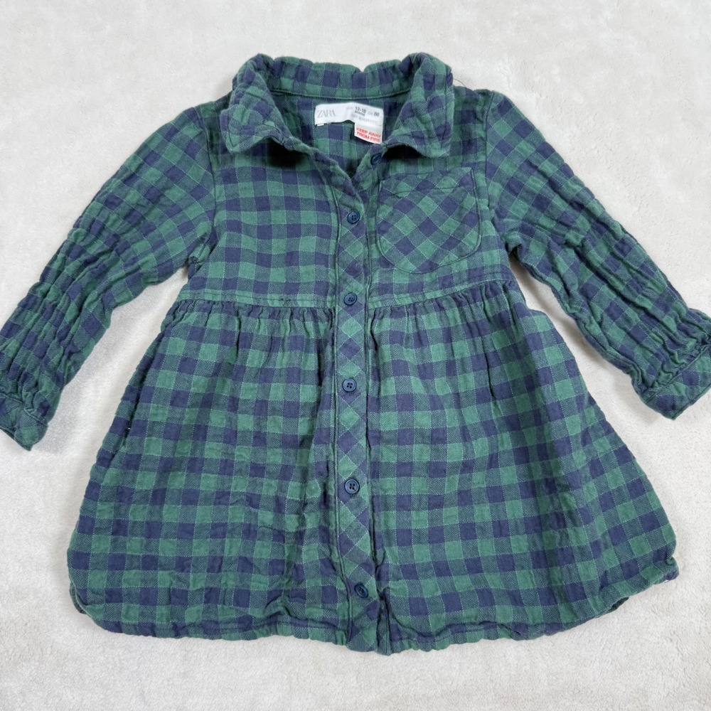 Zara Kids Toddler Girl Plaid Button Down Shirt Dress Green Navy 12-18 Months